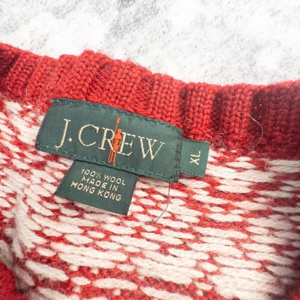 Vintage J. Crew Mens XL 100% Wool Fair Isle Nordic Sweater Red White Oarsman Tag